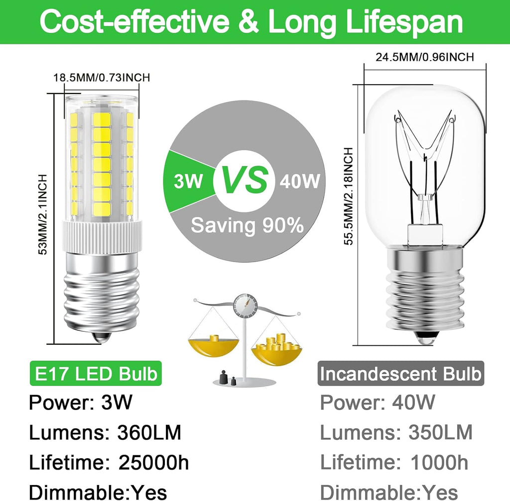 LED Microwave Light Bulbs Under Hood 40W Equivalent, E17 LED Bulb Dimmable for Range Hood, Refrigerator, 3W 360LM LED