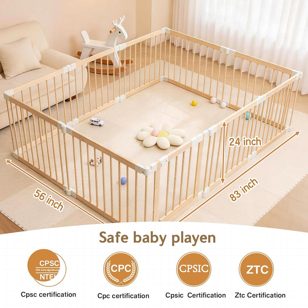 Baby Playpen, Foldable Wooden Play Yard with Gate | Adjustable Activity Center, Child Proof Lock, Expandable