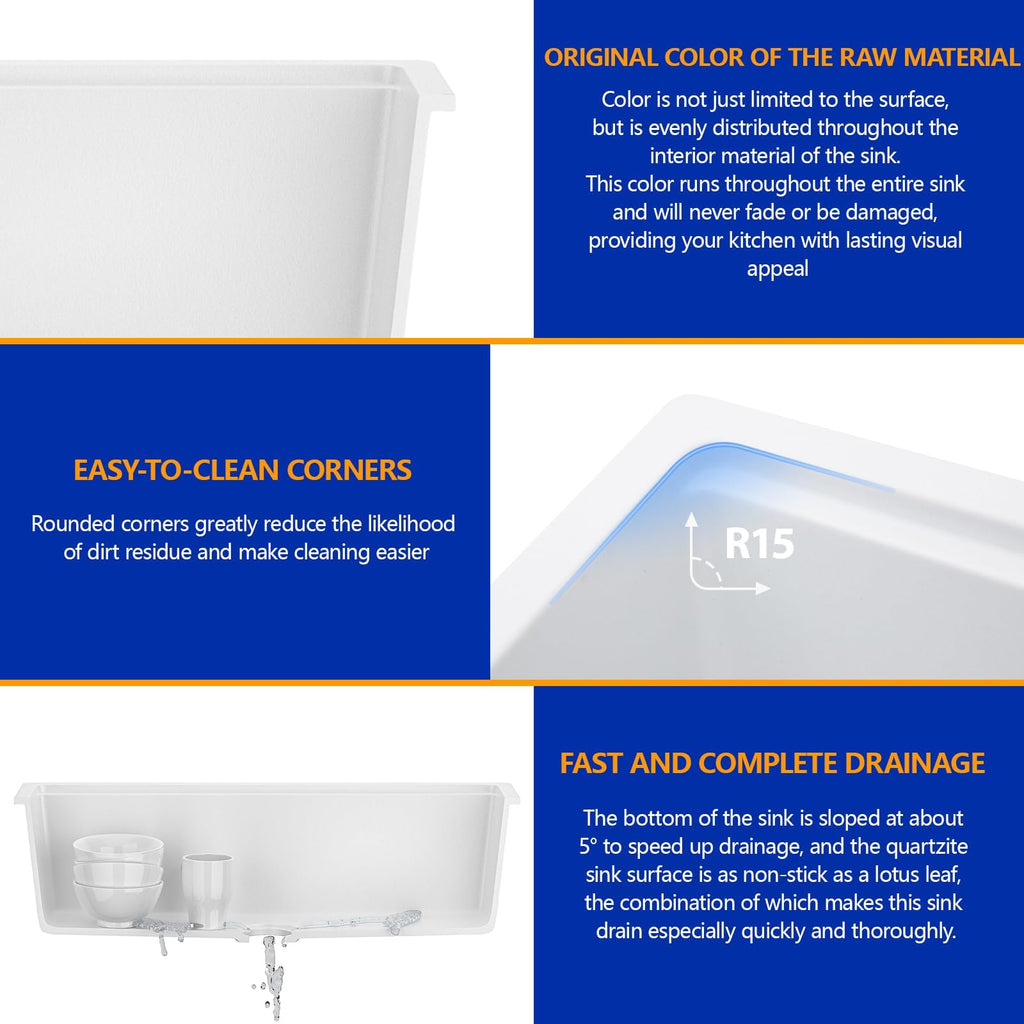 33 In. White Granite Composite Undermount Kitchen Sink Single Bowl Workstation, Quartz 33 Inch Kitchen Sink, 33" x