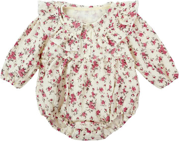 Baby Girl Floral Romper Ruffle Peter Pan Collar Bubble Sleeve Bodysuit Cotton Jumpsuit One Piece Cute Baby