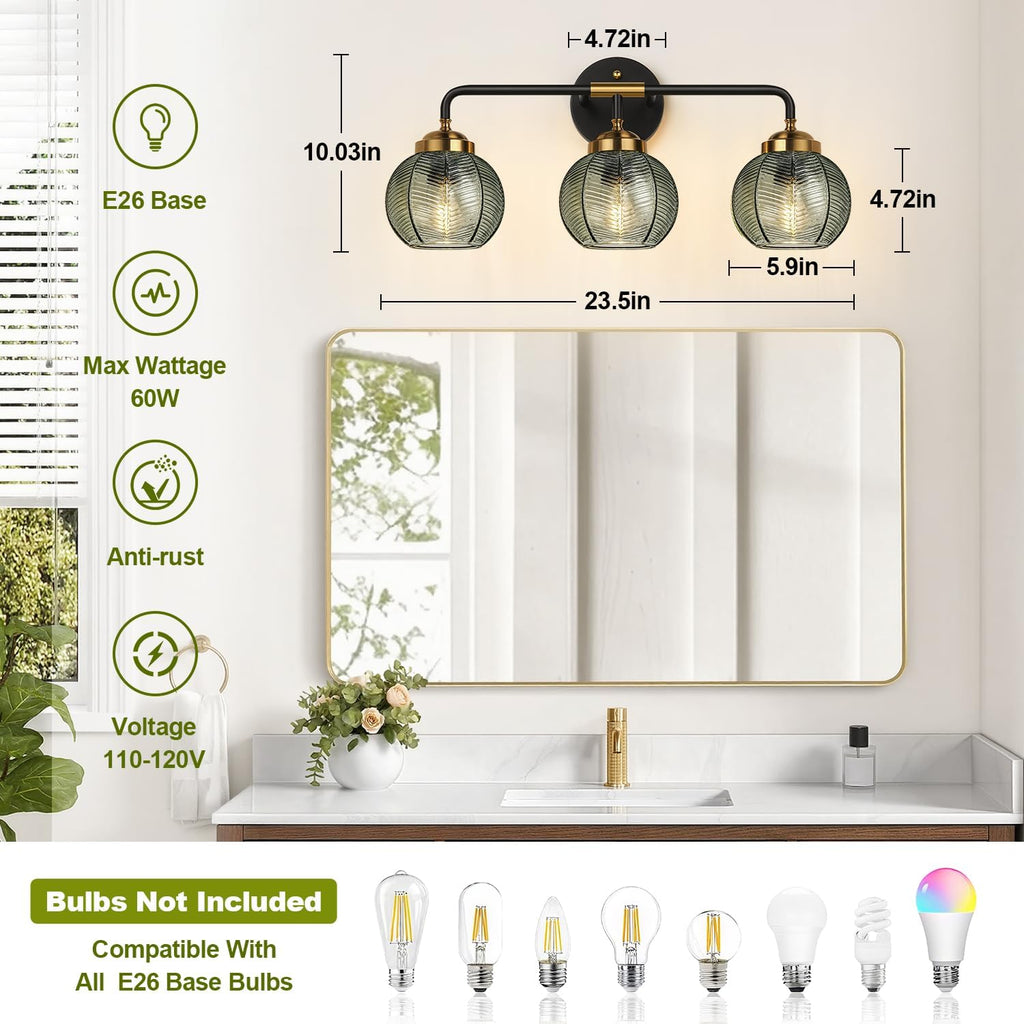 Bathroom Light Fixtures, 3-Light Green Vanity Lights with Unique Leaf Texture Glass Shade, Modern Matte Black and