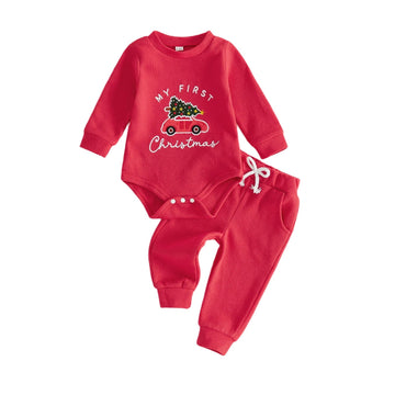 My First Christmas Baby Boy Outfit Waffle Romper Pants Red