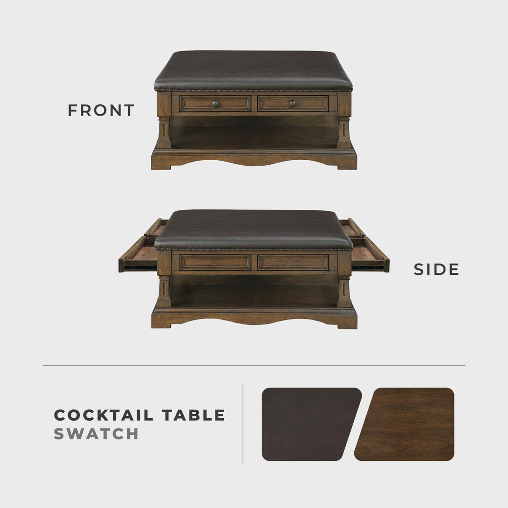 39" Square Storage Ottoman Coffee Table, Faux Leather, Brown