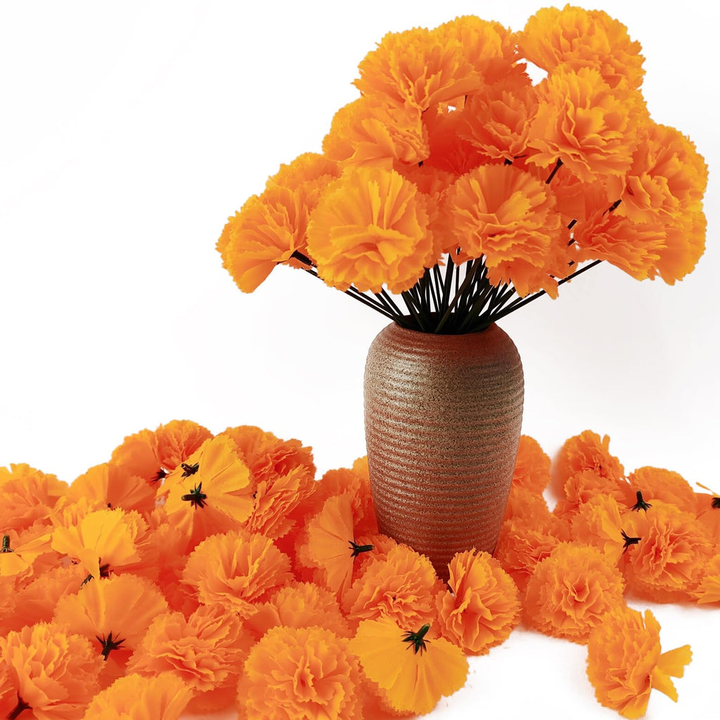 Marigold Flower Heads Bulk, Silk Marigold with Stems Artificial Flowers for Diwali Home Decor Day of The Dead