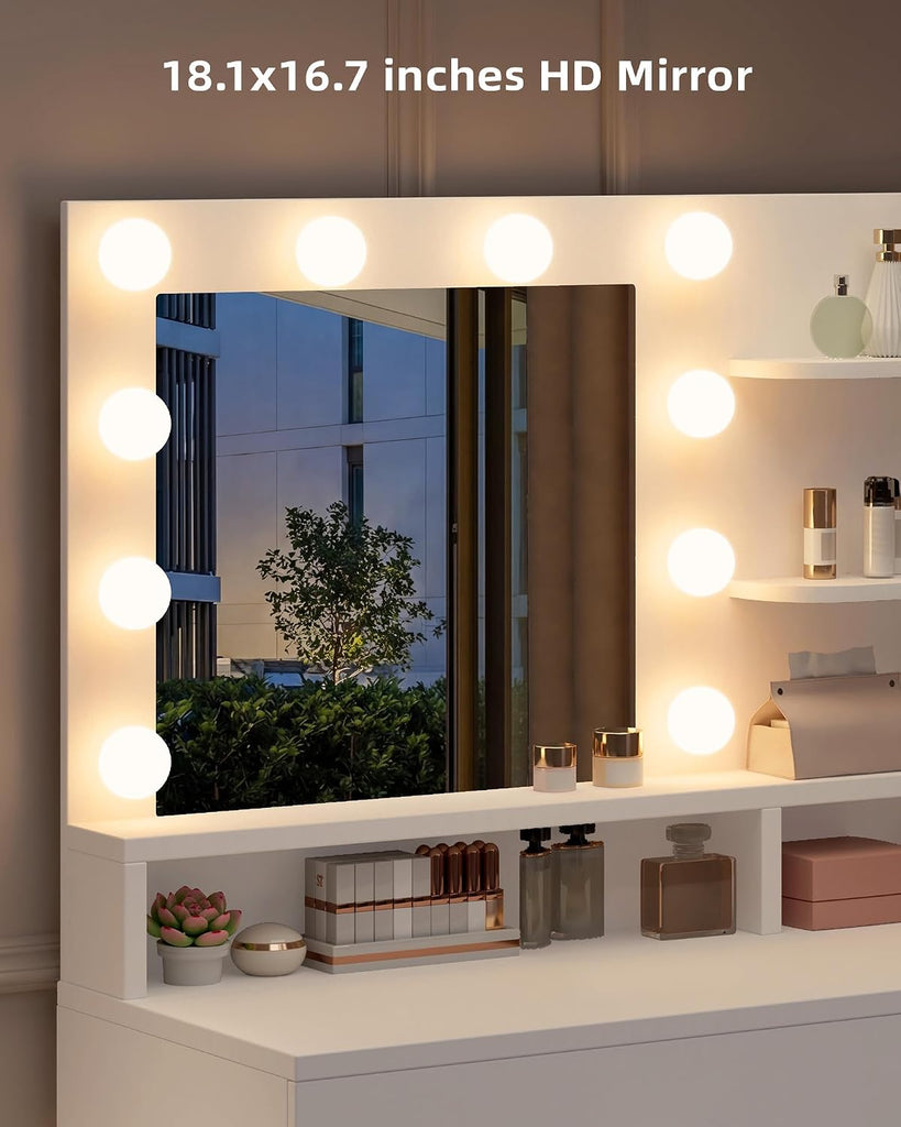 White Makeup Vanity Desk with Charging Station & 4 Drawers | 10 LED Bulbs, HD Mirror, Cushioned Stool, Hairdryer Rack