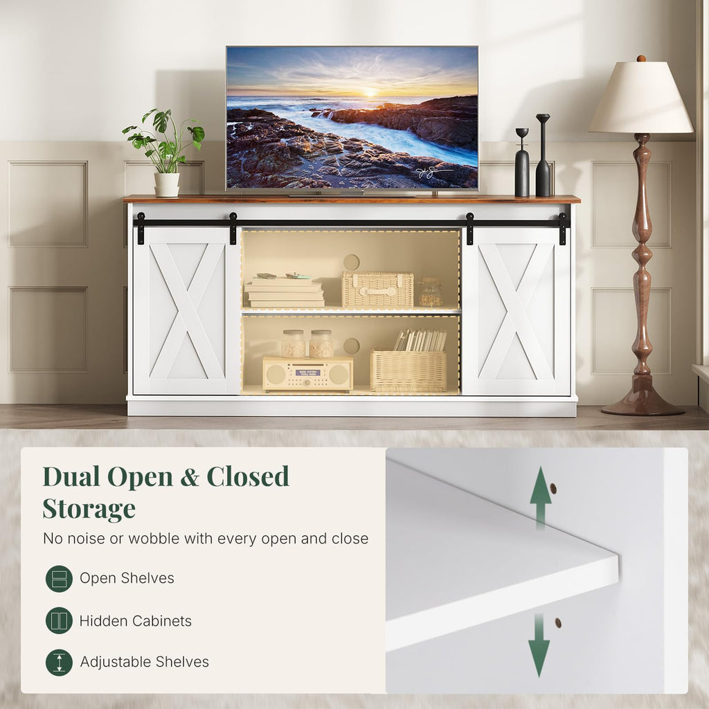 Farmhouse TV Stand for 65 Inch TV, Media Console, Milk White