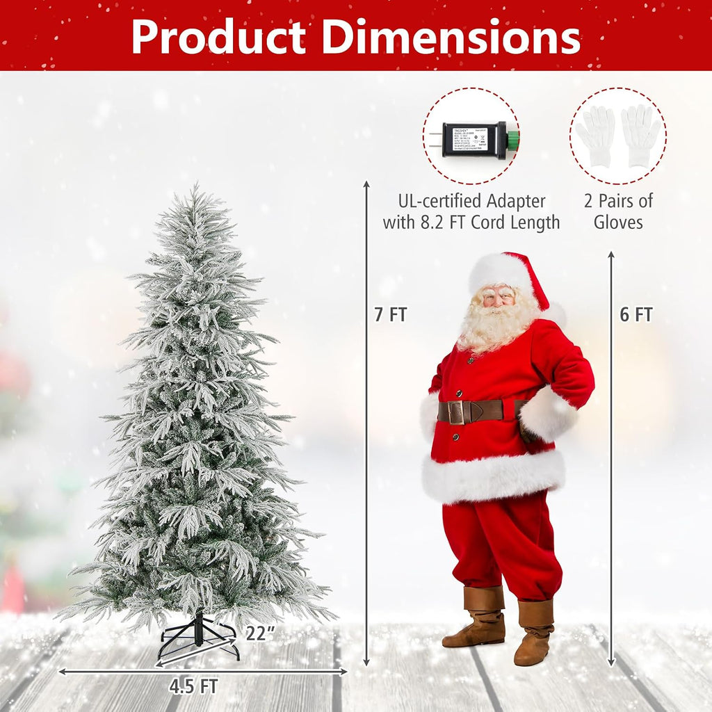 Pre-Lit Snow Flocked Christmas Tree, Artificial Hinged Xmas Tree with 820 PE & PVC Mixed Branch Tips, 340 Warm