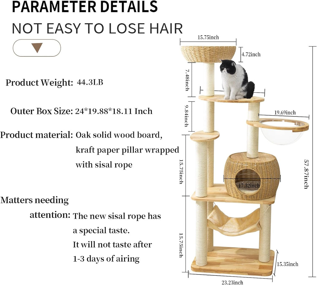 59-Inch Modern Cat Tree Tower for Large Indoor Cats, Handwoven Basket Condo