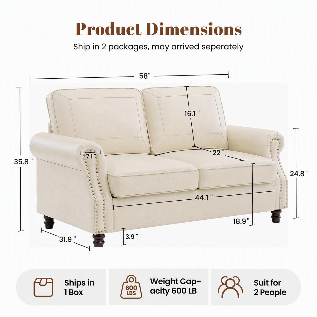 Faux Leather Loveseat Sofa with Rolled Arms, Cream