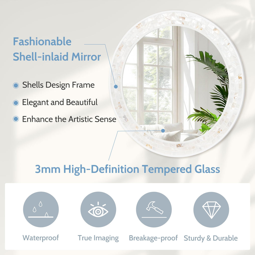 36 Inch Large Round Mirror, Natural Shell Circle Wall Decor