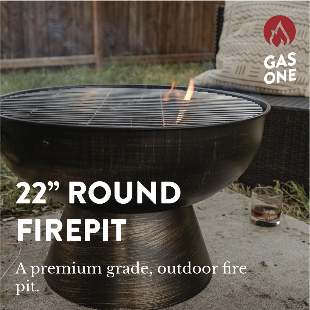 GasOne 22 in Round Outdoor Fire Pit - Wood Burning With Mesh Lid and Fire Picker - Durable Alloy Steel for Outside