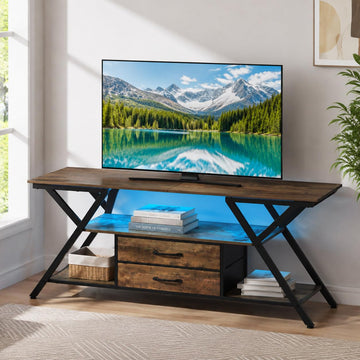 TV Stand with Power Outlet & LED Lights for TVs up to 65", Rustic Brown