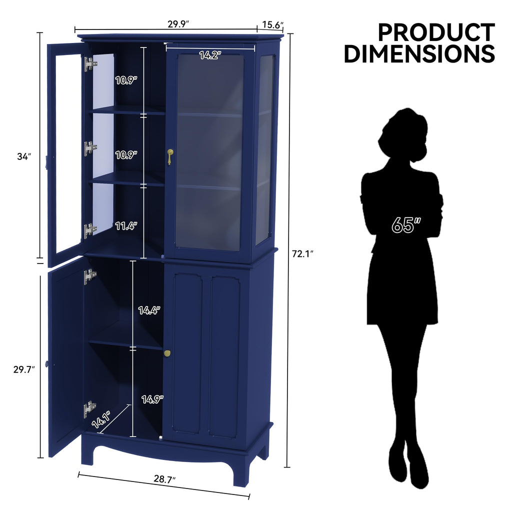 72" China Cabinet, Freestanding Kitchen Pantry with Tempered Glass Doors, Tall Sideboard Buffet Hutch with Adjustable