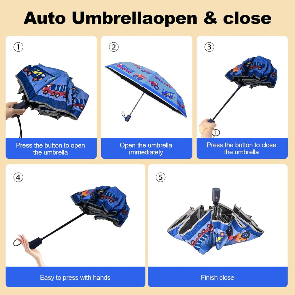 Kids Automatic Umbrella with Cartoon Print & Reflective Strip,easy One-Button Open Close, UPF 50+ Sun & Wind