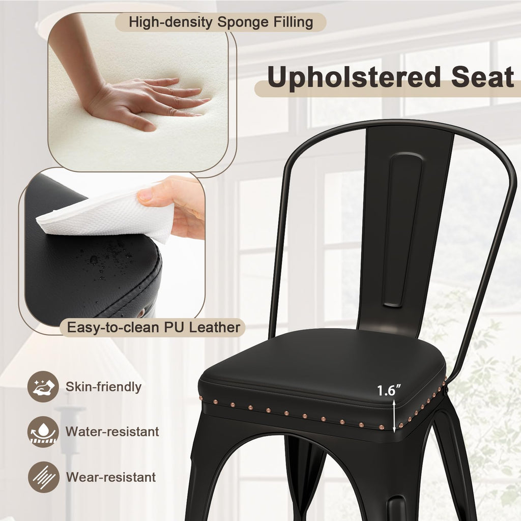 Metal Dining Chairs Set of 4, Stackable Armless Kitchen Side Chair with Detachable Backrest & PU Leather Padded Seat