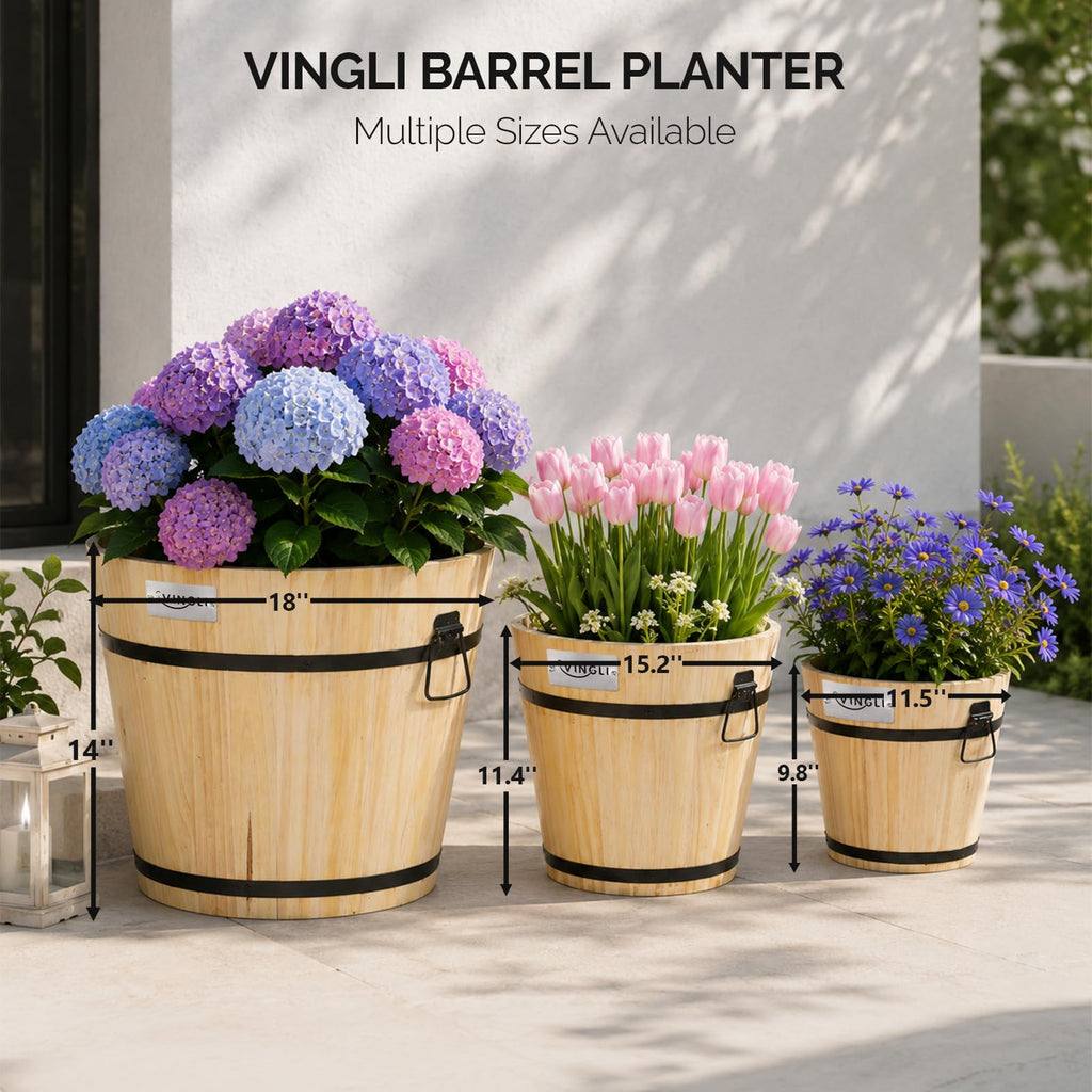 3 PCS Large Wooden Planter Barrel Set, 11.5"(Dia)- 18"(Dia), Real Wood Flower Pot with Drainage Holes, Different