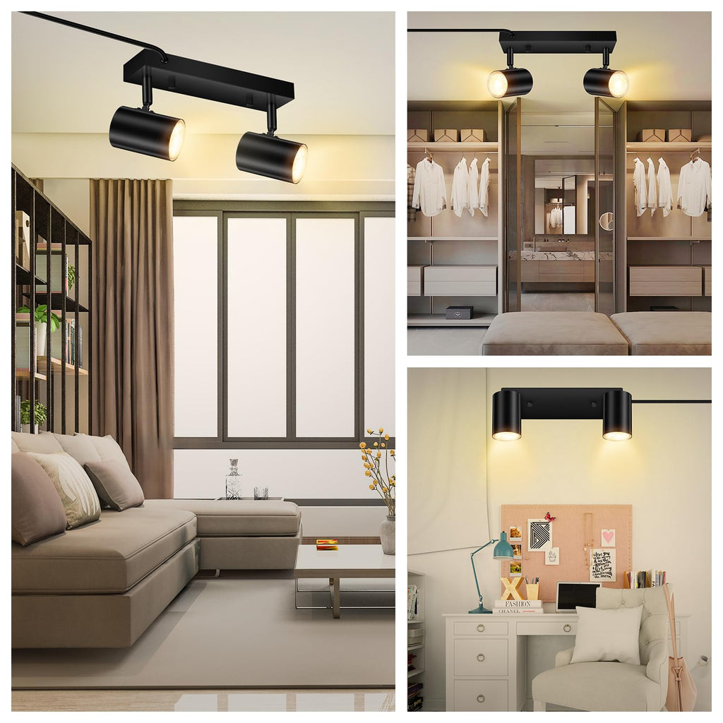2 Light Track Lighting Kit,Black 2 Way Modern Plug in Ceiling Spotlight,Industrial LED Wall Light Cabinet Gallery Bar
