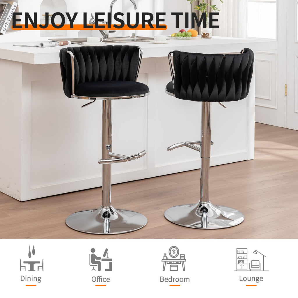 Velvet Bar Stools Set of 2, Counter Height Bar Chairs with Low Back, Swivel Barstools Island, Bar Pub (Black)