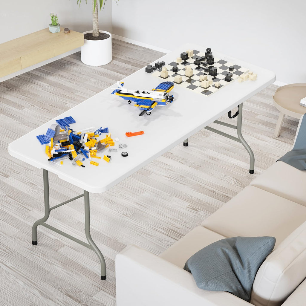 6 Foot Plastic Folding Table Portable Long Table for Indoor Outdoor Use Rectangular with Carrying Handle, Smooth HDPE