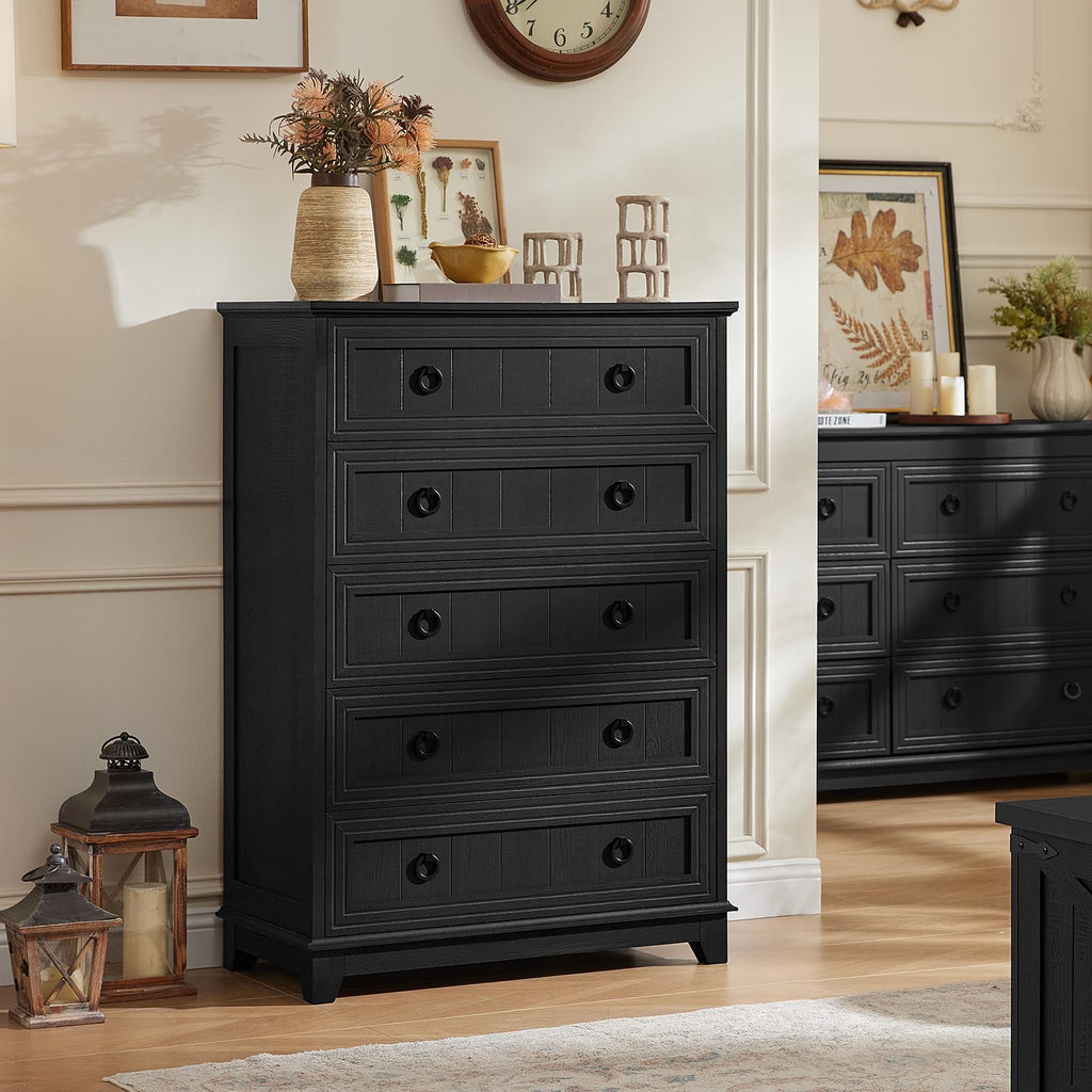 Farmhouse 5 Drawer Dresser Set of 2, 42" Tall Small Dressers & Chest of Drawers, Rustic Wood Dresser with Metal