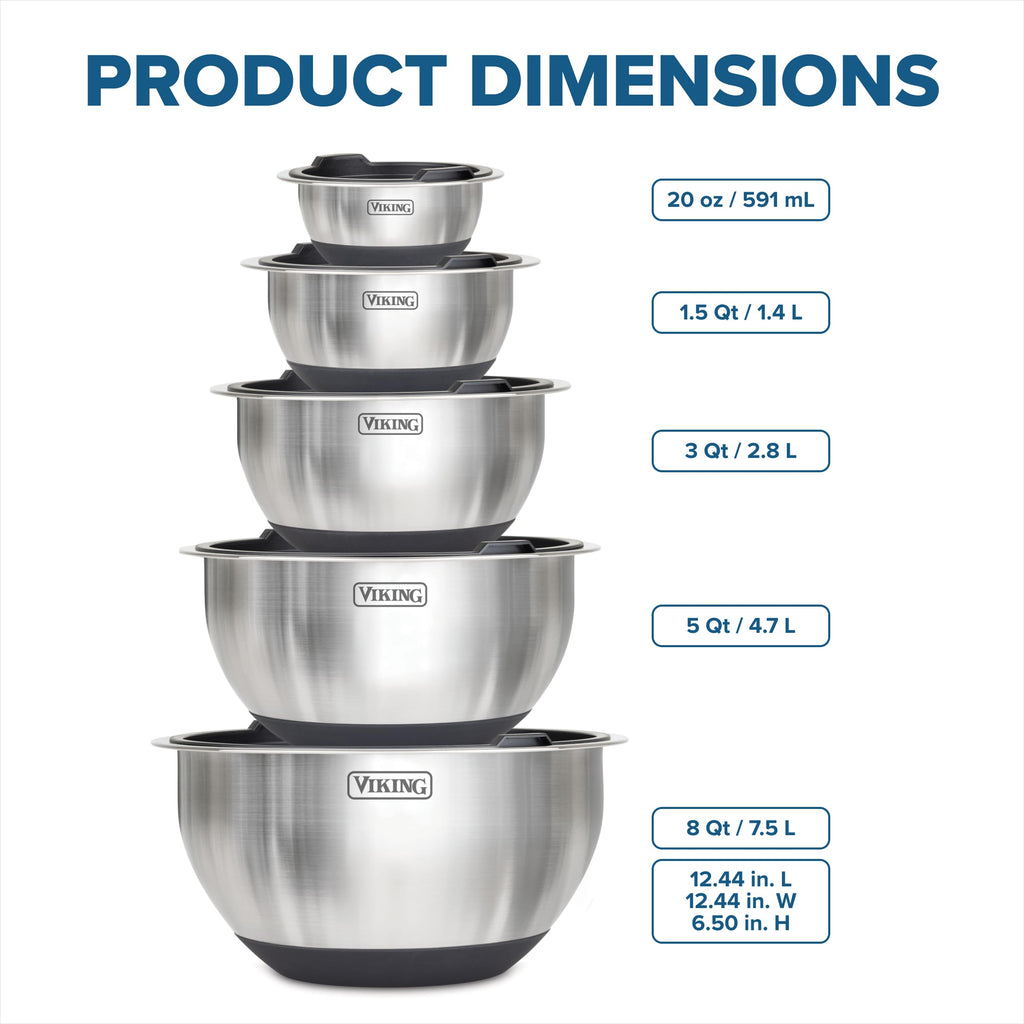 Mixing Bowls Set, 10 Piece Stainless Steel Kitchen Cookware, Non-Slip Silicone Base, Includes Tight Fit Lids