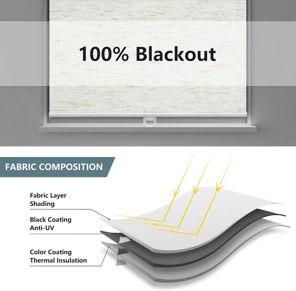 Cordless Roller Shades Blackout Blinds for Windows Room Darkening Rolled Up Shades with Spring System, UV Protection