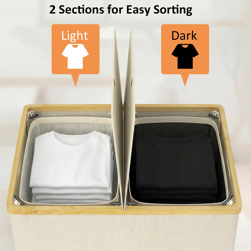 Double Laundry Hamper with Lid and 2 Removable Bags, Beige