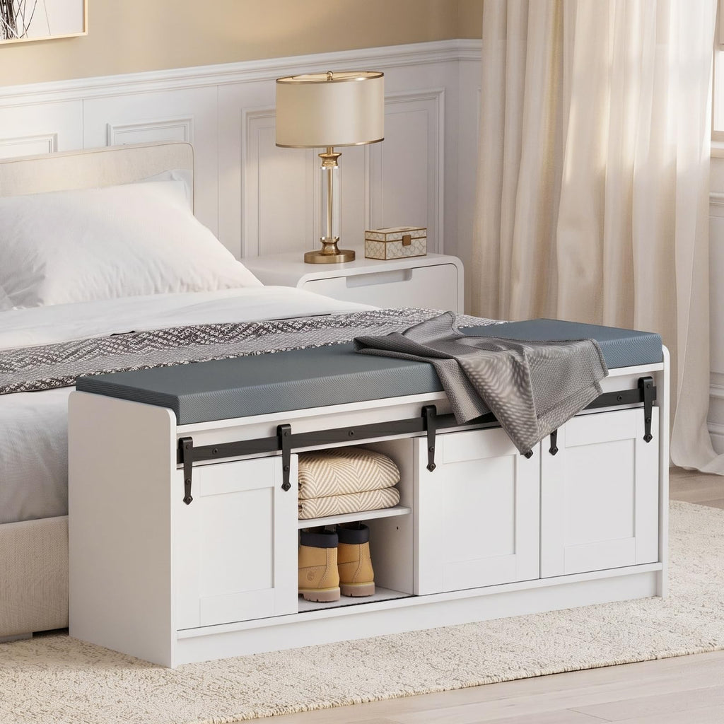 42" Farmhouse Entryway Shoe Storage Bench with Cushion, White, 2pc