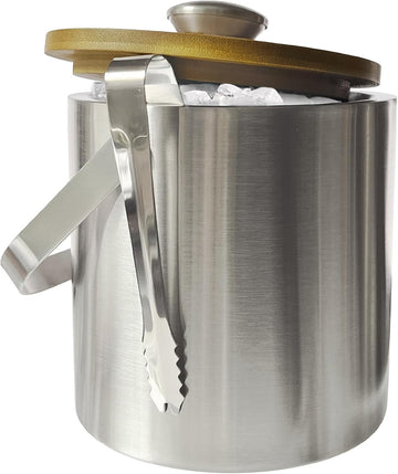 Double Wall Insulated Small Ice Bucket with Bamboo Lid - Stainless Steel Ice Holder with Tongs and Strainer
