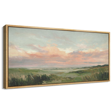 Extra Large Framed Canvas Print Wall Art Pastel Sunset Field Soft Impressionist Landscape Illustrations Modern Art