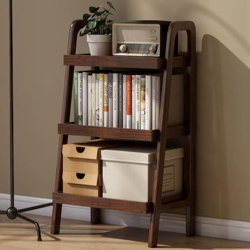 Solid Oak Small Bookshelf, 3 Tier Ladder Shelf Walnut Bookcase