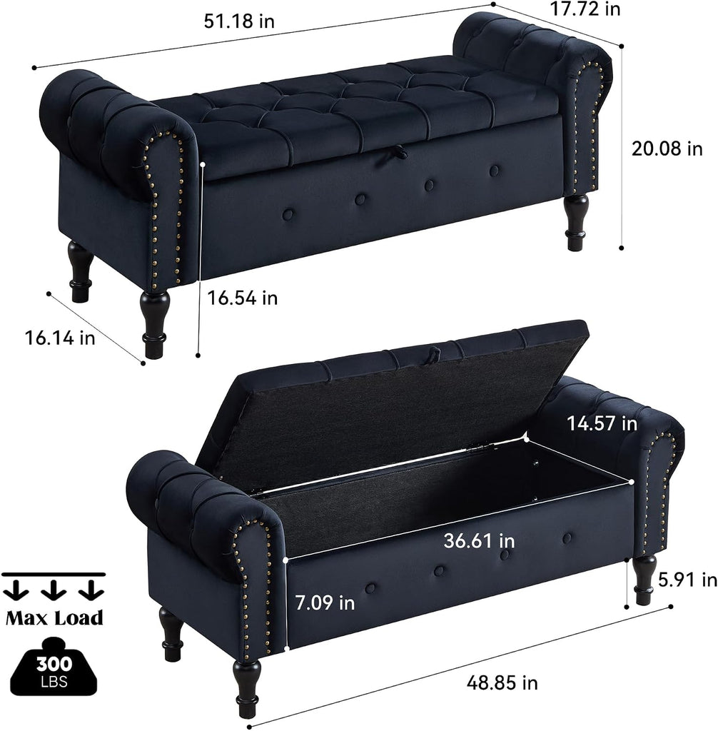 Storage Bench 51" Velvet End of Bed Benches Black | Queen Size Storage Bench with Rolled Arms Tufted Ottoman Benches
