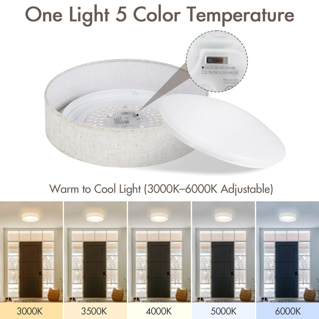 Modern Linen LED 13 Inch Ceiling Light Fixture with 24W 5CCT, Flush Mount Low Profile Room Lamp, Dimmable Minimalist