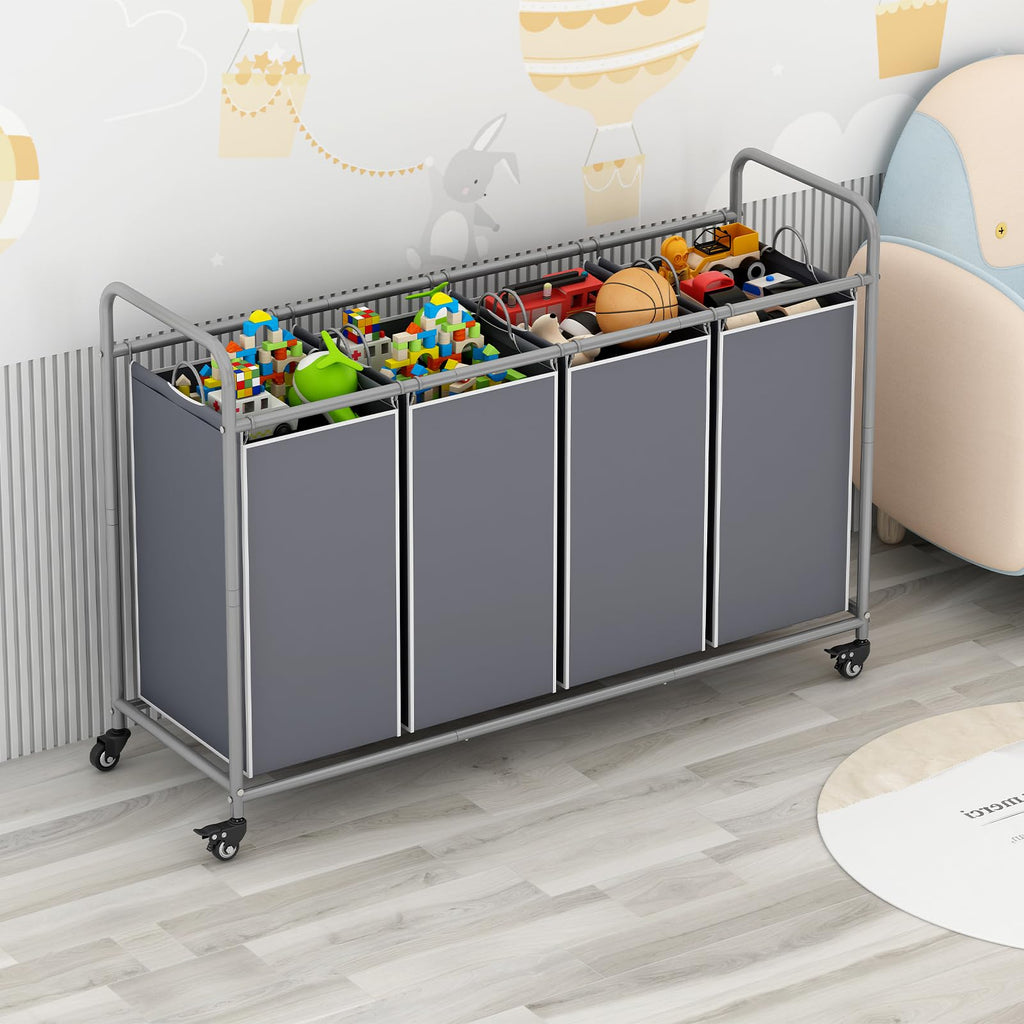 4 Section Laundry Hamper, Grey Laundry Basket, 180L Laundry Sorter