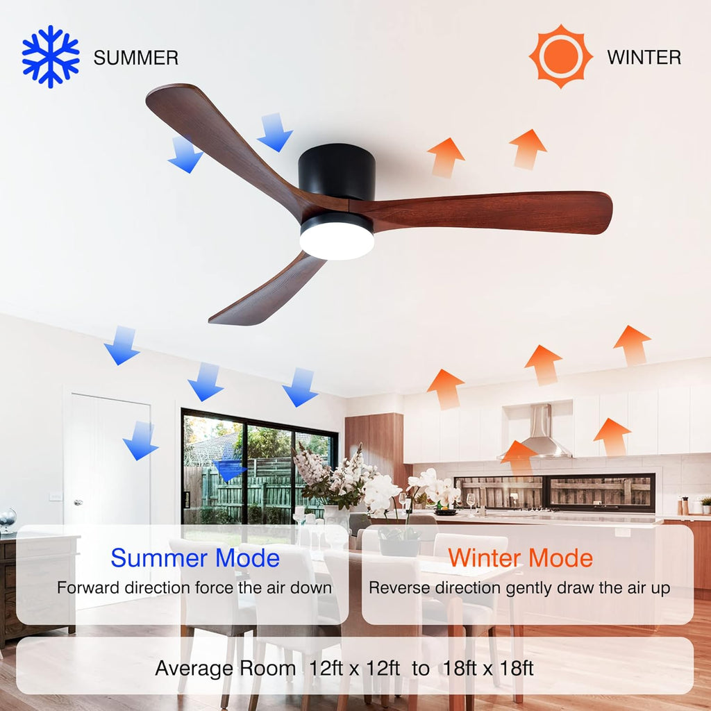 Modern 52 Inch Flush Mount Ceiling Fan with LED Lights and Remote Control - 3 Wood Blades, Reversible DC Motor, 6 Speeds, Timer - Walnut and Matte Black