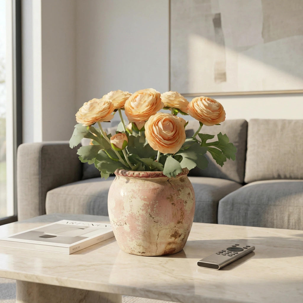 Artificial Ranunculus Flowers with Real Touch Stem, Silk Ranunculus Flowers (Champagne, 6pcs)