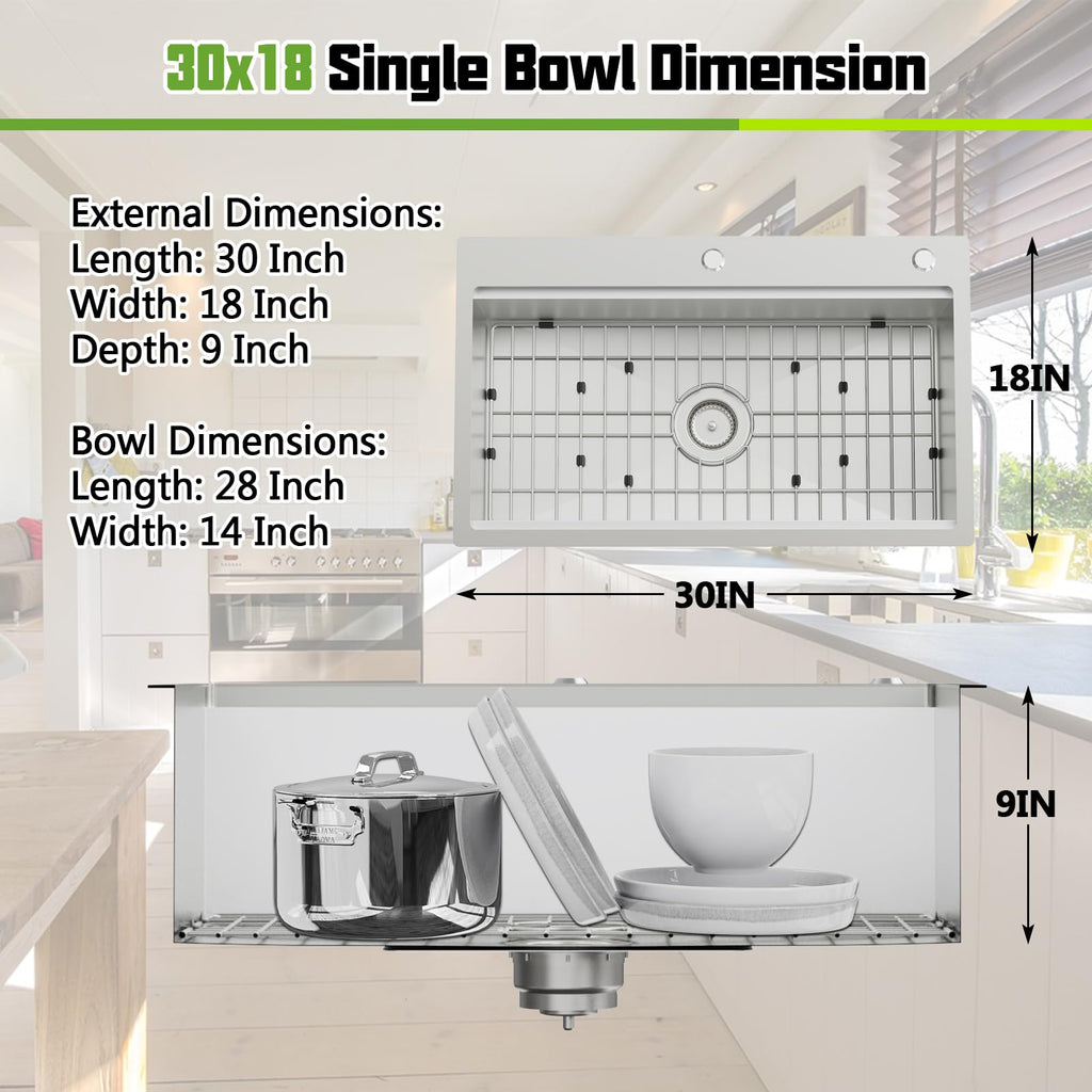 30x18In Drop- Sink Workstation, Stainless Steel, Single Bowl
