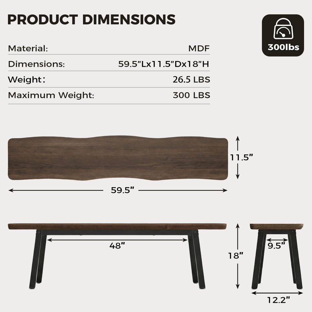 59" Farmhouse Dining Bench Pair of 2, Long Kitchen Benches