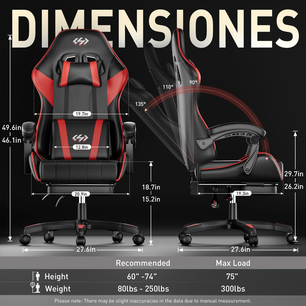 Gaming Chair with Footrest, Lumbar Support & Headrest, Black&Red