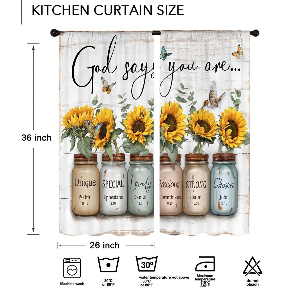 Sunflower Inspirational Kitchen Curtain 26W X 30L Inch 2 Panel Rod Pocket Yellow Floral God Says You are Quotes