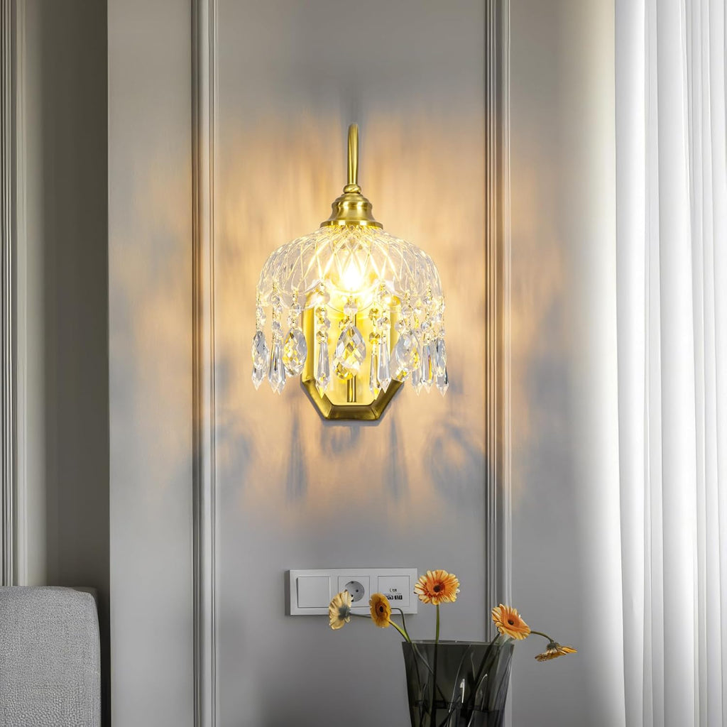 2-Pack Vintage Wall Sconce,Glass Crystal Wall Sconce,Matte Brushed Antique Brass Finish Set of Two for Bedroom