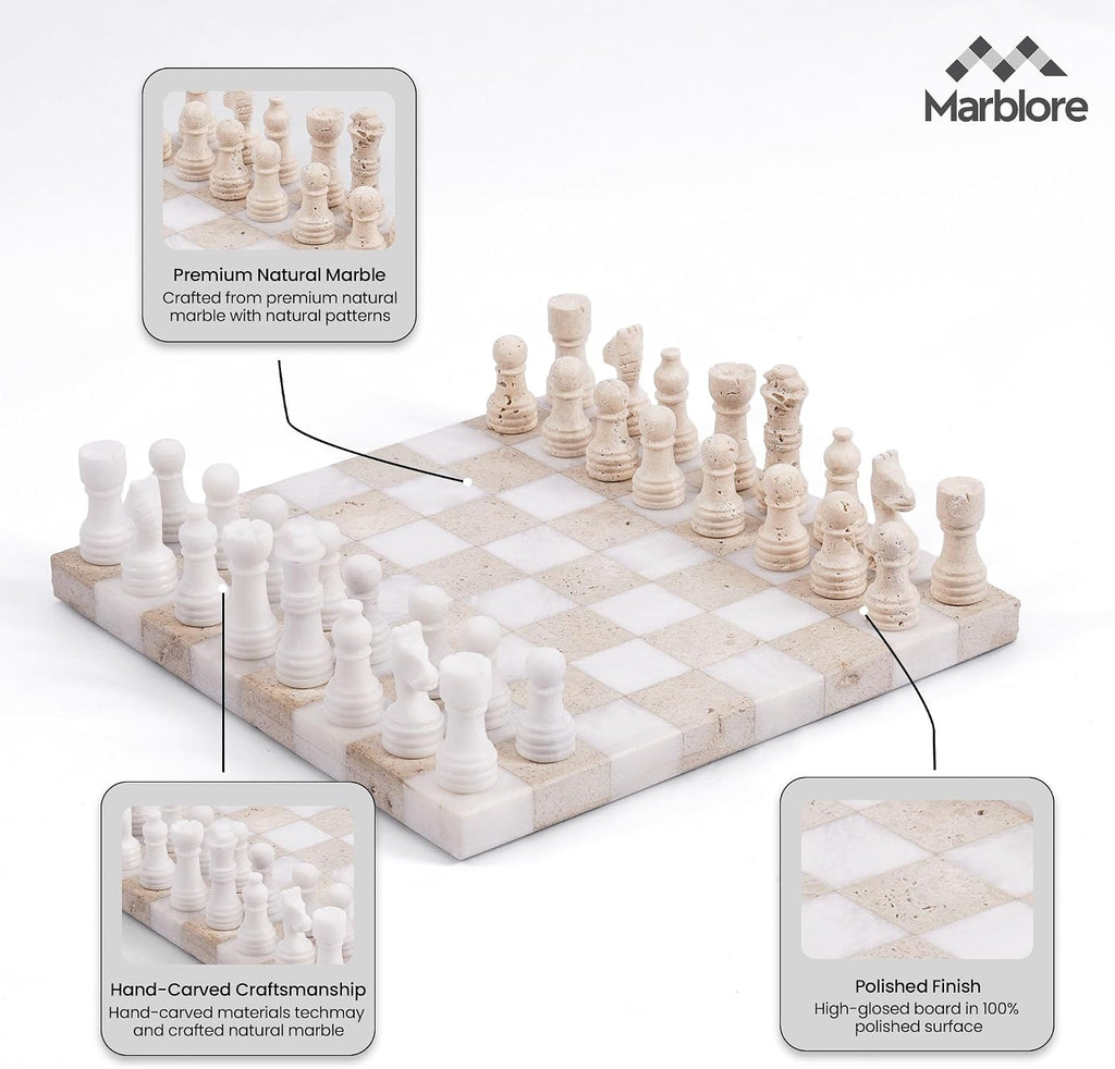 Marble Chess Set 10 Inch Handmade White & Travertine Chess Board with & 2 Extra Queens, Classic 2 Player - Set of 32