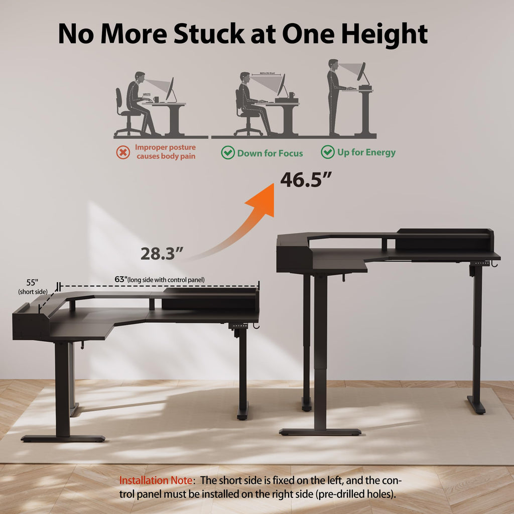 63 Inch L Shaped Electric Standing Desk with Shelf, Black