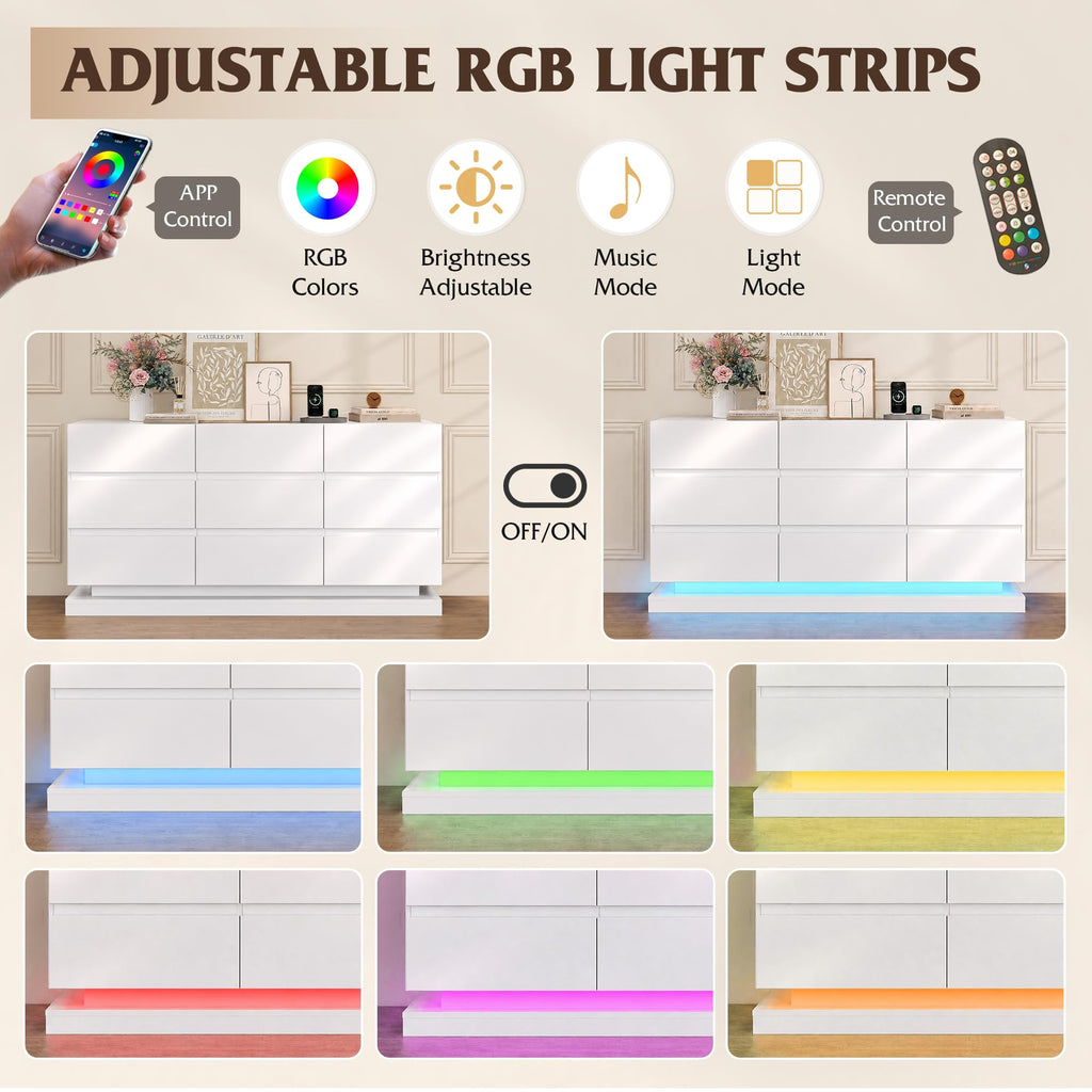 9 Drawer Dresser with LED Light, Dresser with Charging Station