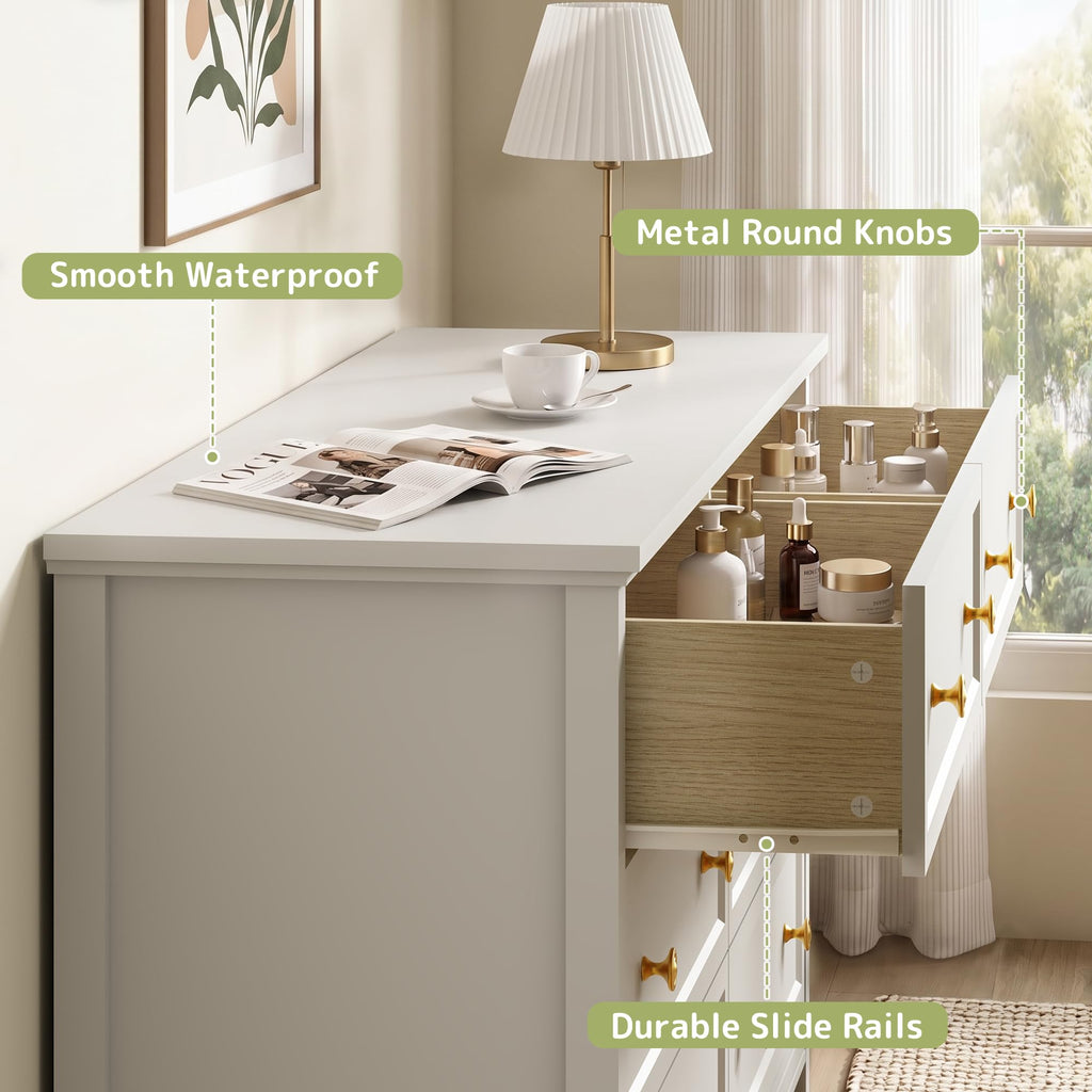 White Dresser, 55" Modern Dresser with 6 Drawers Gold Handles