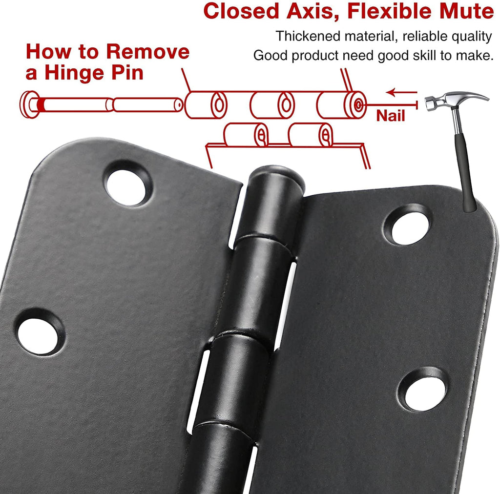 3.5 Inch Matte Black Door Hinges 3 1/2" Rounded 5/8" Flat 18 Pack