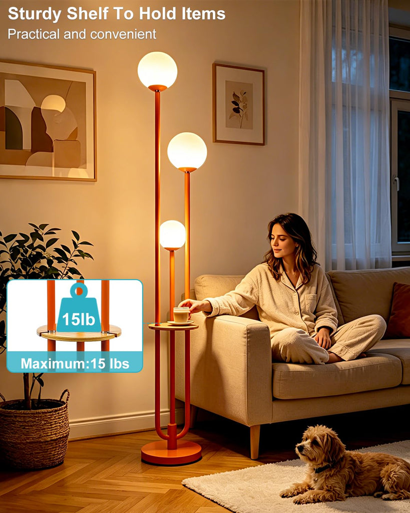 Dimmable 3-Light Globe Floor Lamp with Storage Shelf, Orange Mid Century Modern Standing Lamp, 3PCS 3000K Warm White