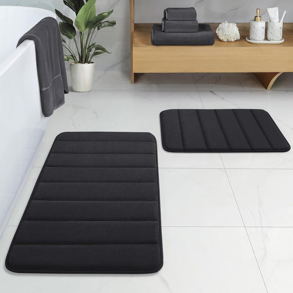 Bathroom Rugs Sets 2 Piece, Memory Foam Non Slip Extra Soft Absorbent Machine Washable Toilet Bath Mats (Black
