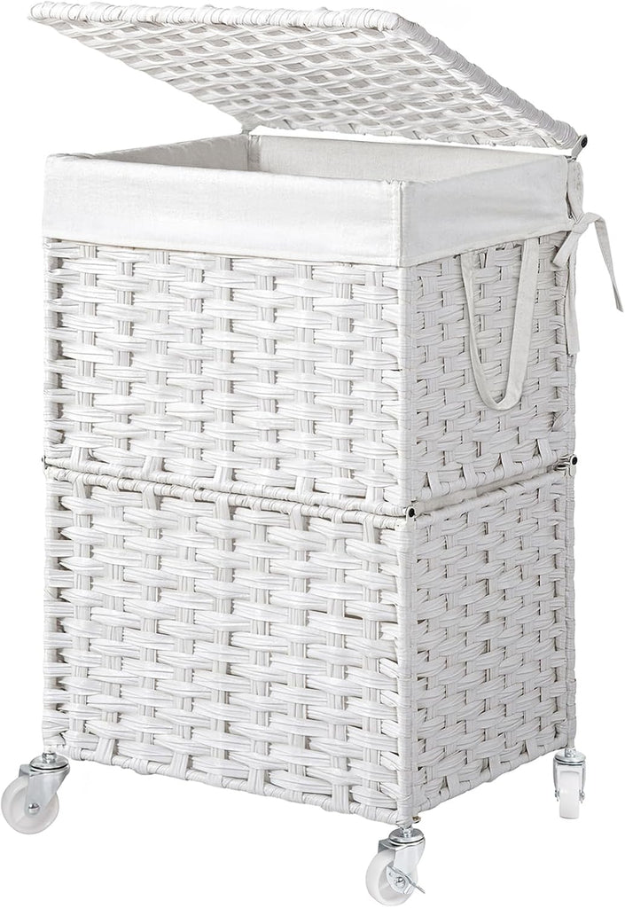 Wicker Laundry Basket with Wheels,Rolling Laundry Hamper with Lid | 90L Slim Clothes Hamper with Wheels & Removable
