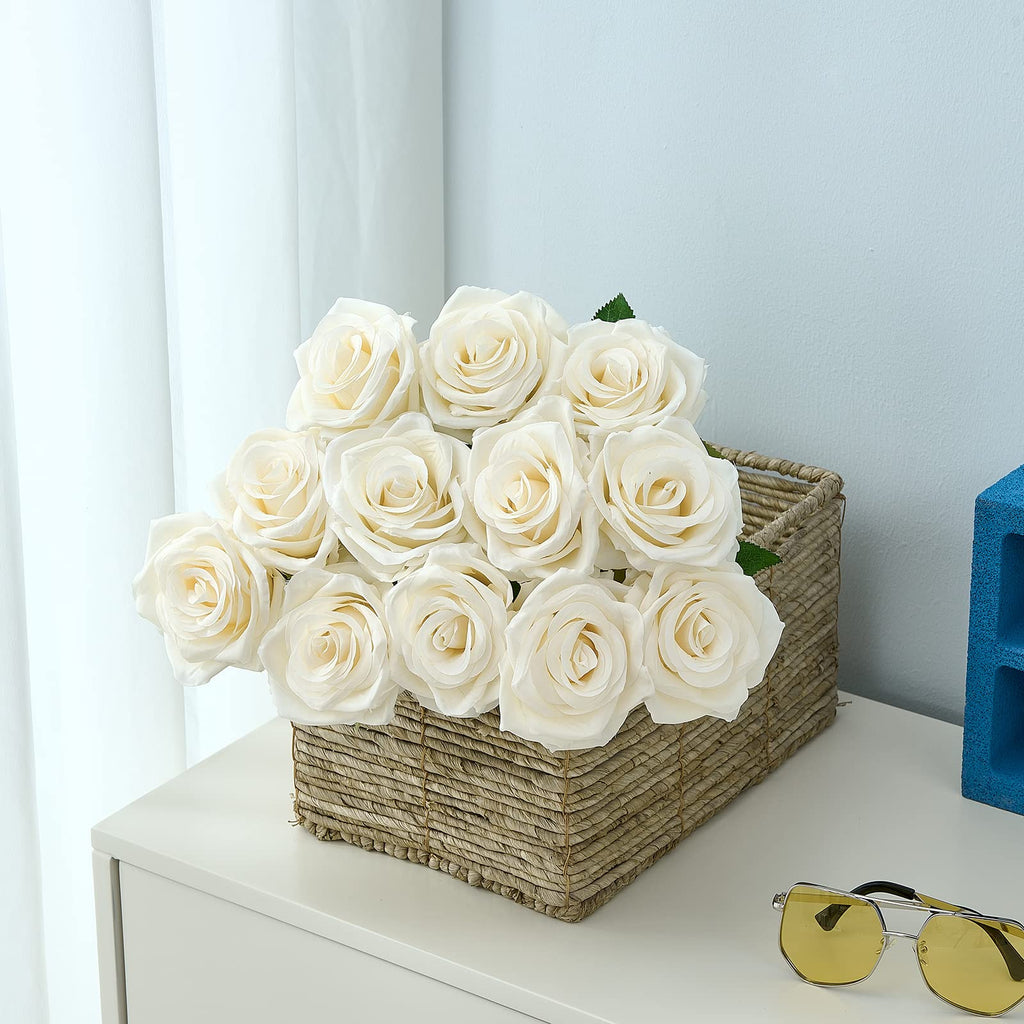 15pcs Ivory Roses Artificial Flowers Silk Fake Flowers Realistic White Roses Bouquet Long Stem for Wedding Home Party